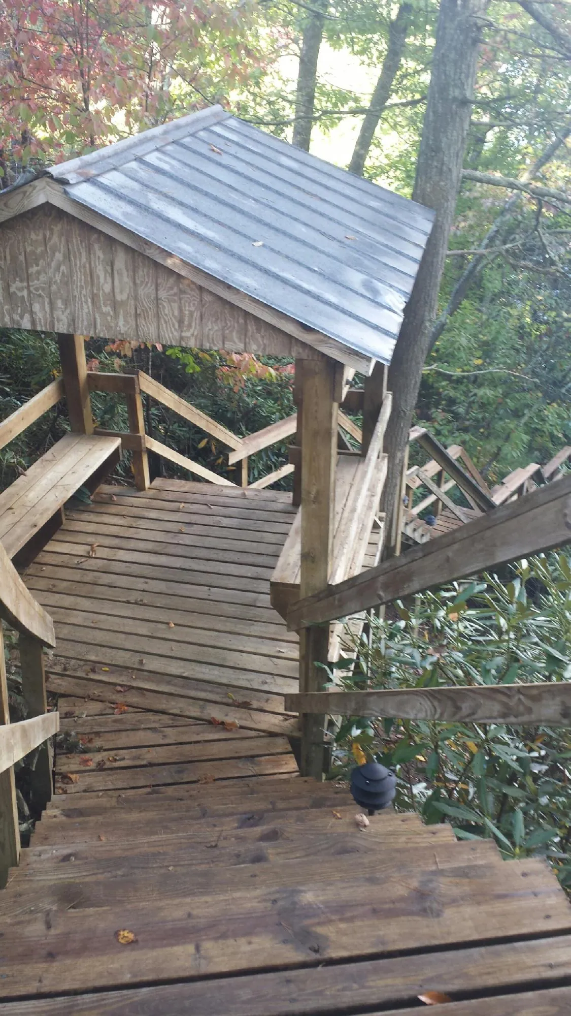 Metal roofed shelter over wooden steps on a wooded walkway — Skylight Repair & Installation work by our crew in Moss Point